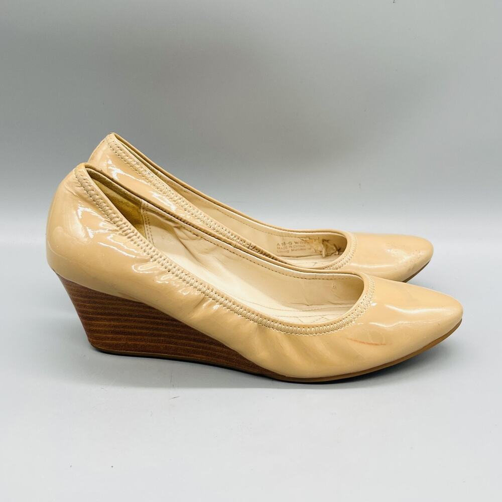 Cole Haan Shoes Womens 5 Beige Synthetic Patent Grand OS Wedge Pumps Almond Toe